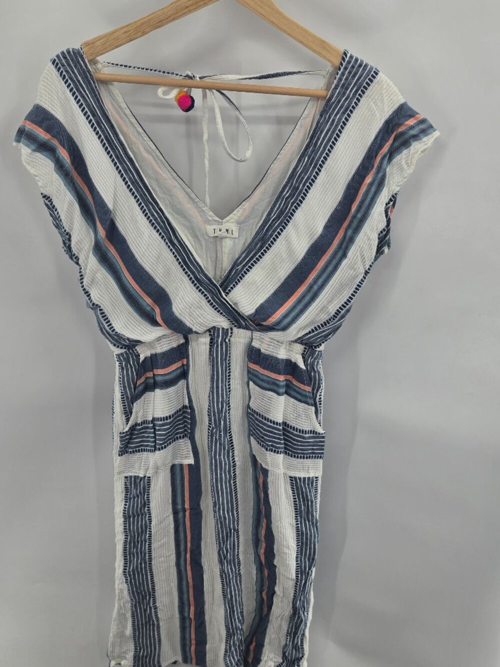 THML Striped Surplice Sleeveless Pom Pom Ties Midi Dress Size Small